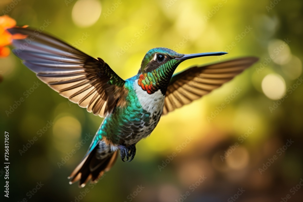 Fototapeta premium A detailed shot of a hummingbird in mid-flight, frozen in time