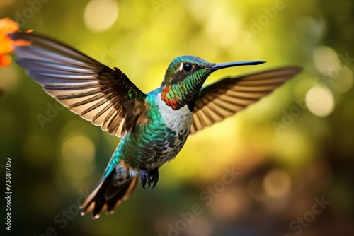 A detailed shot of a hummingbird in mid-flight, frozen in time