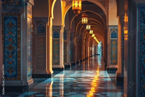 The interior of the beautiful mosque with beautiful glass wall decorations