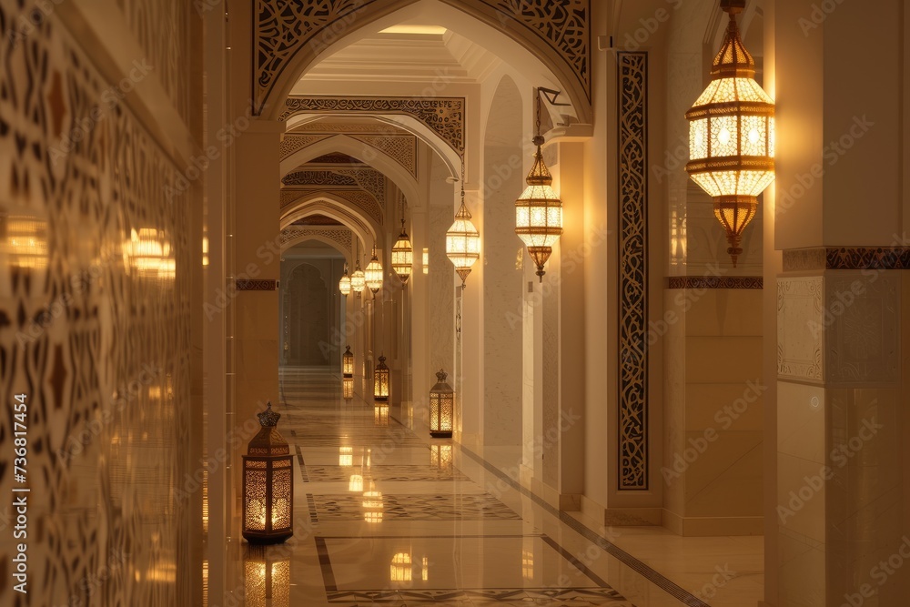 Beautiful mosque hallway in Islamic style Beautiful mosque hallway in Islamic style
