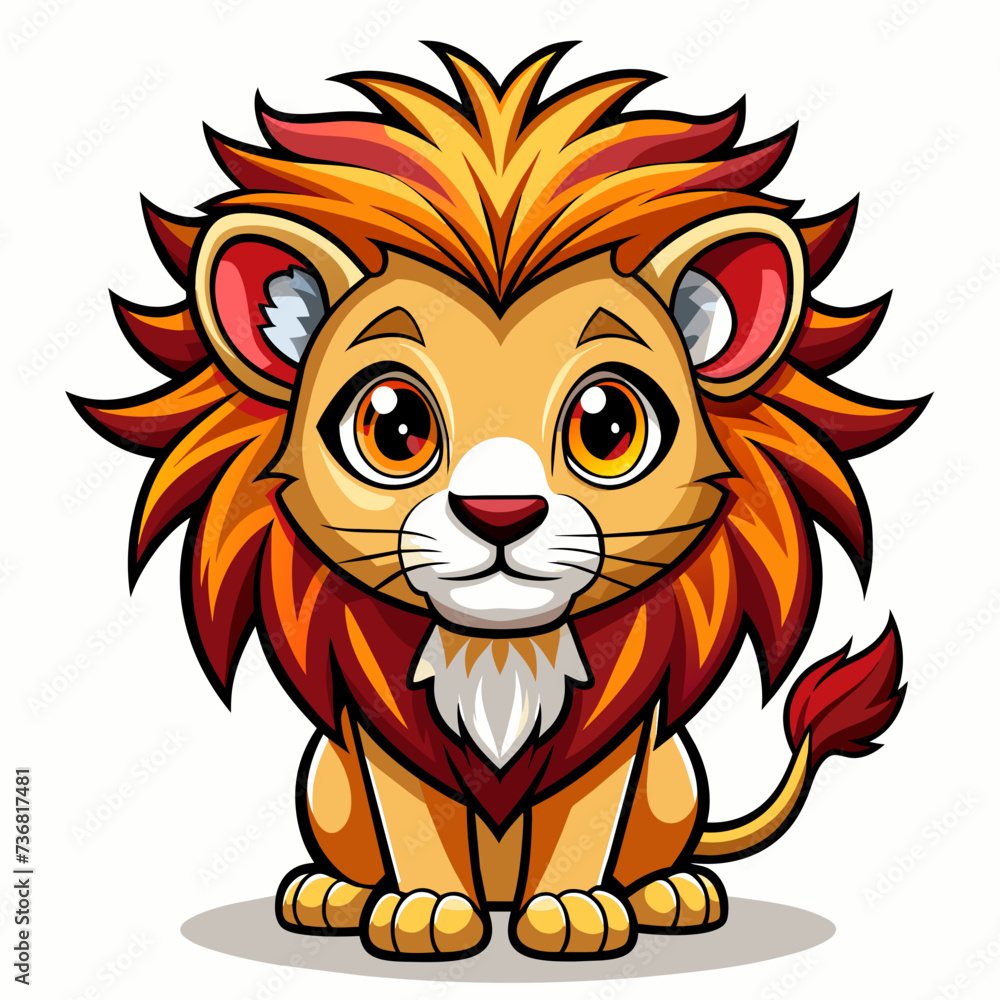 Fototapeta premium Lion, cute, style , Big eye, art 90 style, white background