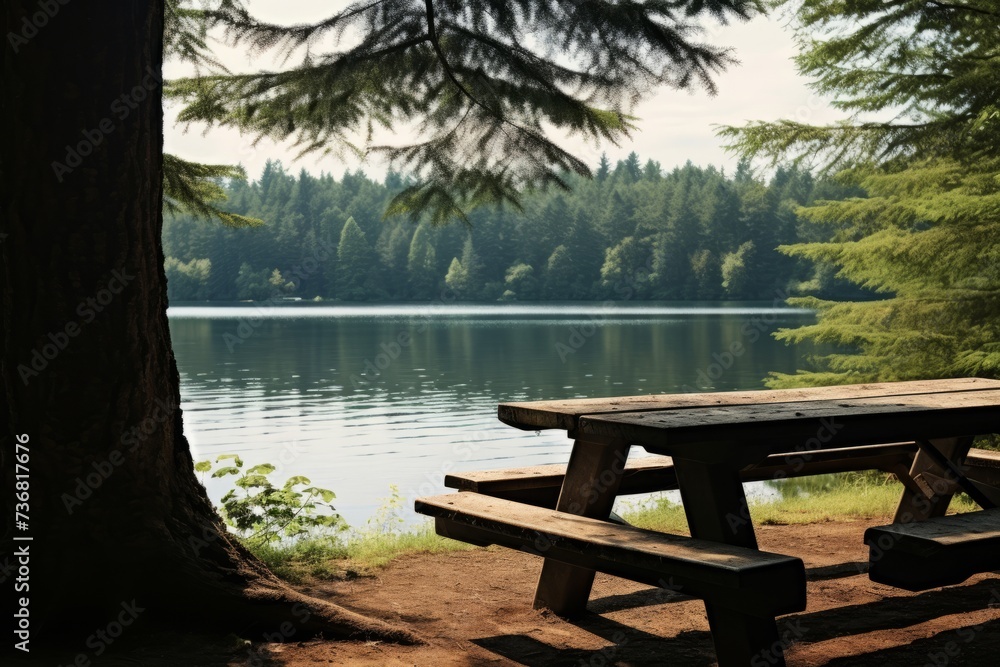 A picnic table by a serene lake A picnic table by a serene lake