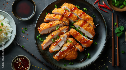 Fried pork cutlet with teriyaki sauce on black background