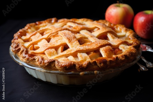 A traditional apple pie with a golden brown crust