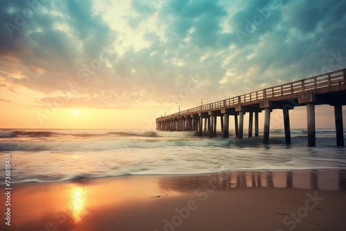 A tranquil beach pier at the break of day