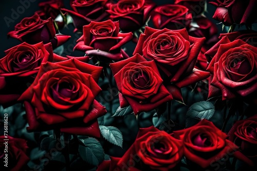 A close-up perspective capturing the rich color and texture of red roses  presented in mesmerizing