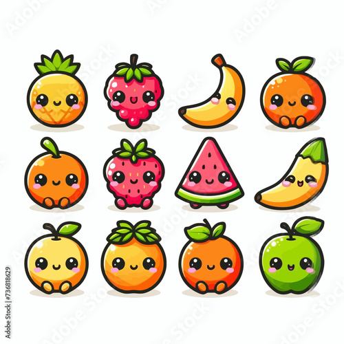 Cute Fruit  Happy cute set of smiling fruit faces. Vector set of flat cartoon illustration icons. Isolated on white background