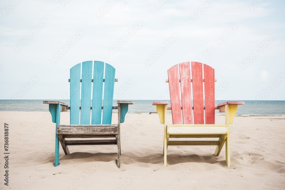 Faded Beach Chairs with a Grungy and Colorful Wooden Frame, Evoking Memories of Seaside Holidays, Generative AI Faded Beach Chairs with a Grungy and Colorful Wooden Frame, Evoking Memories of Seaside Holidays, Generative AI
