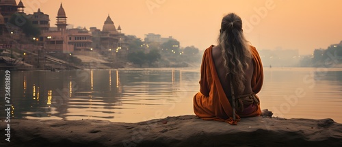 An old yogi was meditating on the bank of the Ganges River. It was quiet amidst the morning sunshine. Behind him is the view of Varanasi. It is a symbol of peace, tranquility and faith in Hinduism. photo