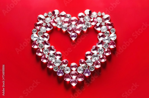 Valentine card made of shining diamonds in shape of heart on red background. Precious stones on red