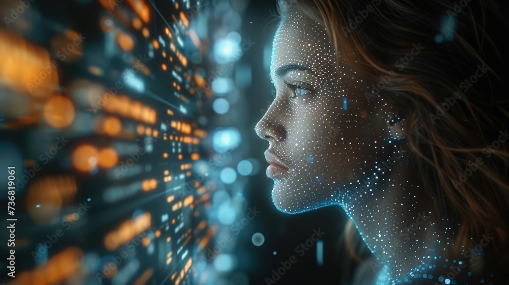 A woman sits at the control panel of a global trading system on the blockchain, analyzing a stream of market data consisting of digital charts. and numbers moving around it. Generative AI. A woman sits at the control panel of a global trading system on the blockchain, analyzing a stream of market data consisting of digital charts. and numbers moving around it. Generative AI.