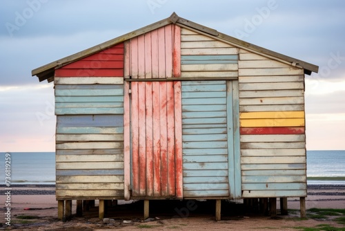 Retro Beach Hut with a Colorful and Aged Wooden Exterior, Reflecting Years of Sun Exposure, Generative AI © ManusiaIkan