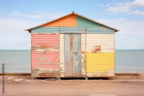 Retro Beach Hut with a Colorful and Aged Wooden Exterior, Reflecting Years of Sun Exposure, Generative AI © ManusiaIkan