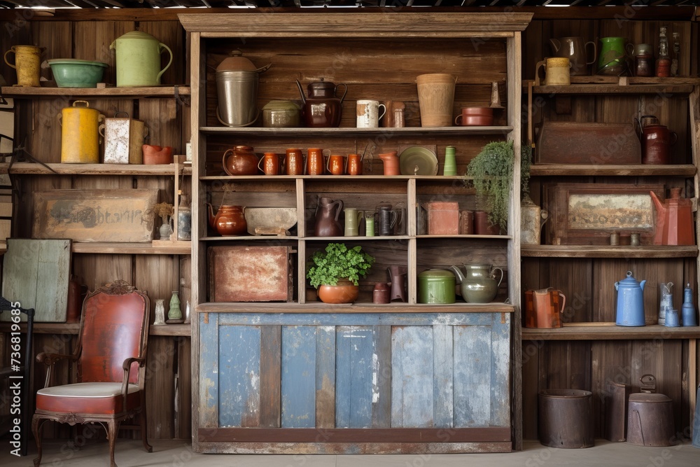 A Charming Antique Store with Shelves Made of Old, Colorful, and Distressed Wooden Planks, Generative A
