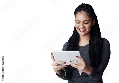 Business woman, smile or tablet for reading on company website, newsletter or social media for networking. IT consultant, positive and happy for technology and isolated on transparent png background