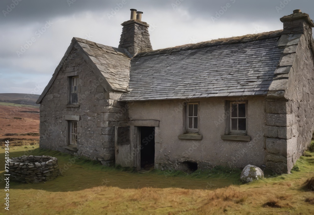 Old stone private house in a secluded location, scenic spots, daytime, vintage, abandoned