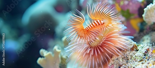 a close up of a sea anemone on a coral reef in the ocean . High quality