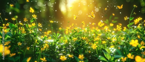 a field full of yellow flowers with a butterfly flying over the top of the flowers in the foreground and the sun shining through the trees in the background.