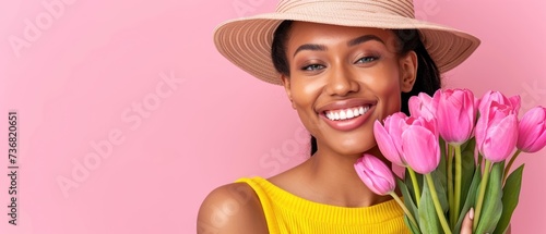 a woman with a straw hat holding a bouquet of pink tulips in front of her face and smiling. photo
