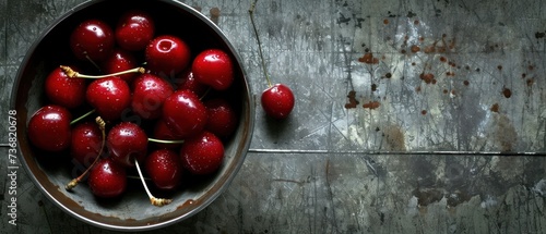 a metal bowl filled with lots of cherries on top of a wooden table next to a pair of scissors. photo