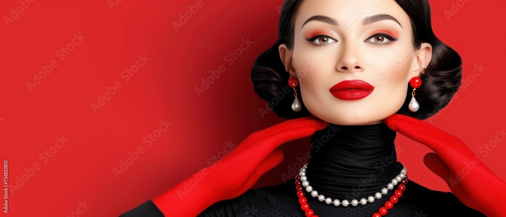 a woman in a black dress with a red scarf around her neck and a pearl necklace on her neck, with a red background.