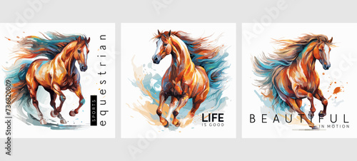 Hand drawn set of posters dedicated to horses and equestrian sports. Vectorized gouache illustrations. Abstract for advertising, prints, banners, posters, postcards and other materials