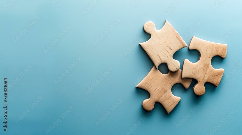 Two connected jigsaw puzzle pieces on blue background. concept of connection, solution, and teamwork. minimalist style. AI Two connected jigsaw puzzle pieces on blue background. concept of connection, solution, and teamwork. minimalist style. AI