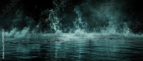 a black and white photo of a body of water with a lot of smoke coming out of the top of it.