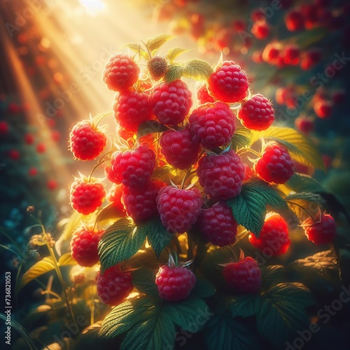 Close-up of beautiful red raspberries in the garden in the morning sunshine
