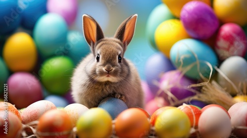 A cute Easter bunny among the colored Easter eggs. One funny, fluffy rabbit and many colorful eggs. Easter holiday.