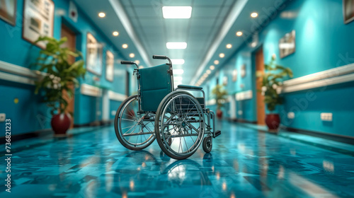 Empty wheelchair in a hospital corridor