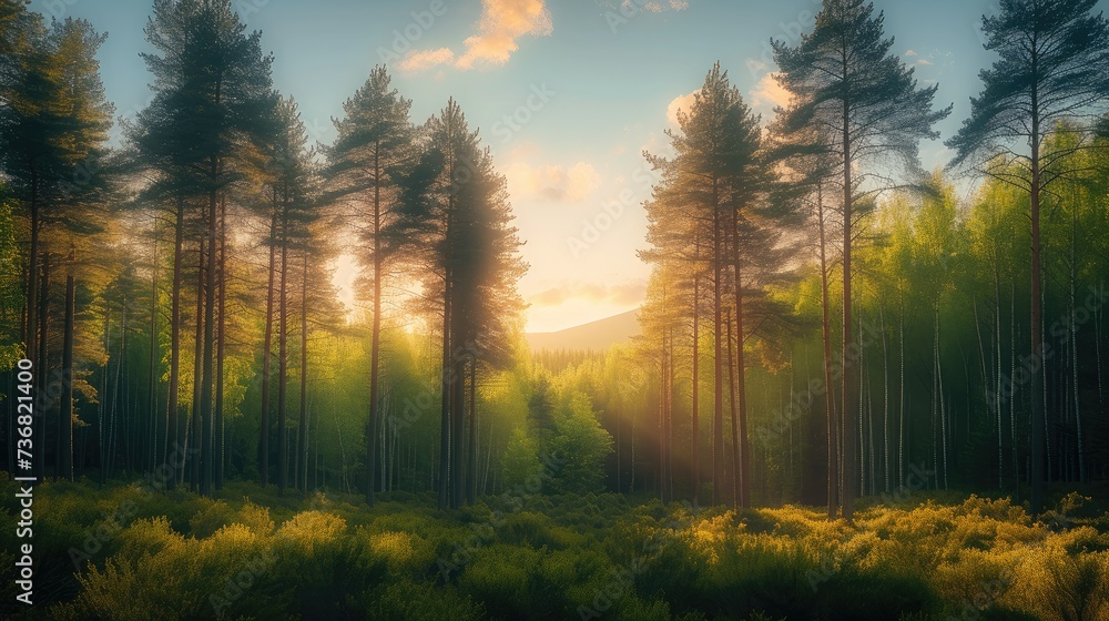 Beautiful nature with pine trees against the background of forest and sky, summer, soft sunlight. Generative AI. Beautiful nature with pine trees against the background of forest and sky, summer, soft sunlight. Generative AI.