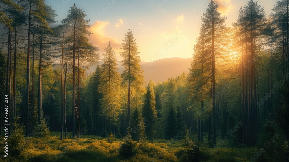 Beautiful nature with pine trees against the background of forest and sky, summer, soft sunlight. Generative AI. Beautiful nature with pine trees against the background of forest and sky, summer, soft sunlight. Generative AI.