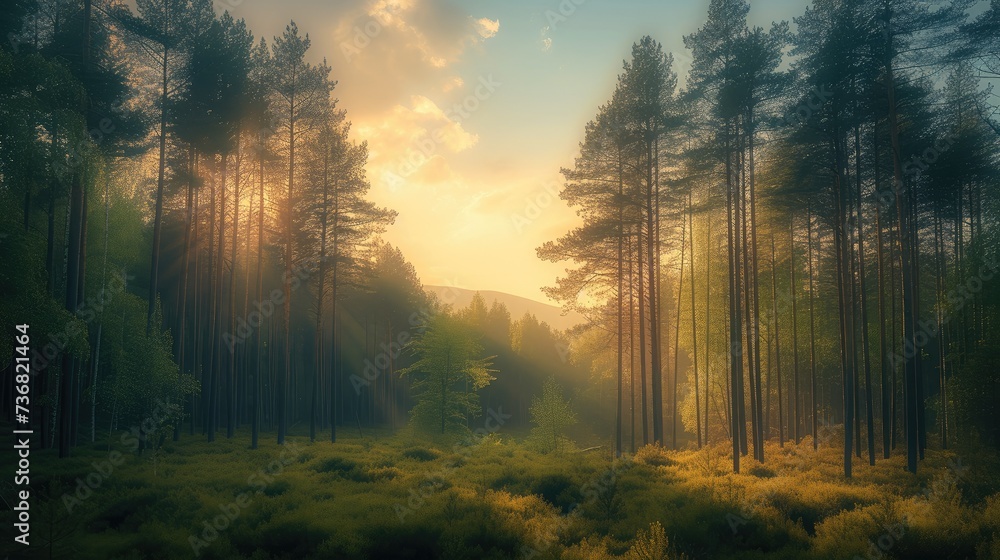 Beautiful nature with pine trees against the background of forest and sky, summer, soft sunlight. Generative AI.