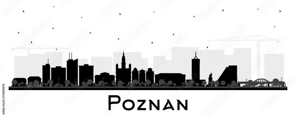 Poznan Poland City Skyline silhouette with black Buildings isolated on white. Poznan Cityscape with Landmarks. Business Travel and Tourism Concept with Historic Architecture.