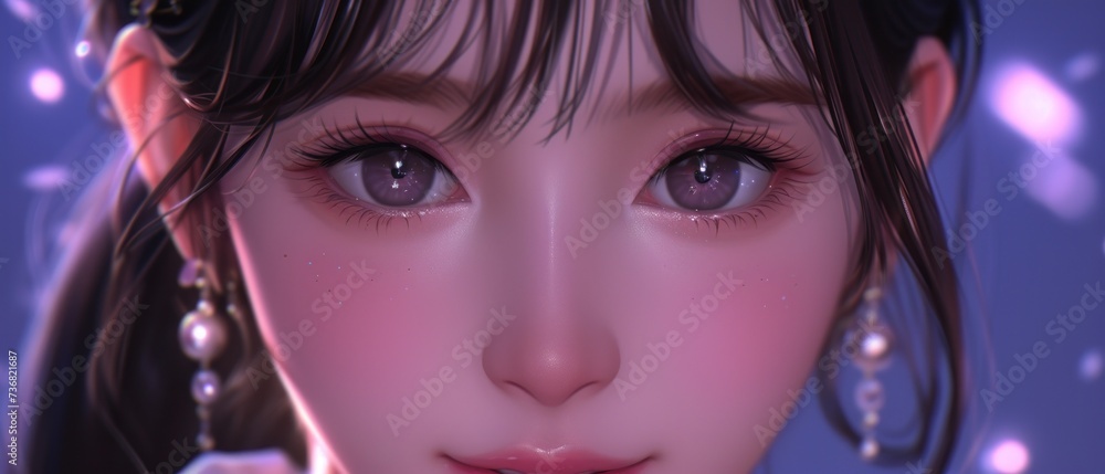 a close up of a woman's face with earrings on her head and a background of snow flakes. a close up of a woman's face with earrings on her head and a background of snow flakes.