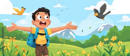 a boy with a backpack standing in a field with birds flying in the sky and a mountain in the background.
