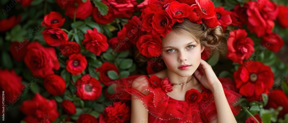 a young girl wearing a red dress and a flower crown is posing for a photo in front of a wall of red roses. a young girl wearing a red dress and a flower crown is posing for a photo in front of a wall of red roses.