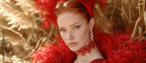 a close up of a woman with red hair wearing a red dress and a red feathered headdress. photo