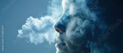 a woman's face with a cloud of smoke coming out of it's mouth in front of a blue sky.