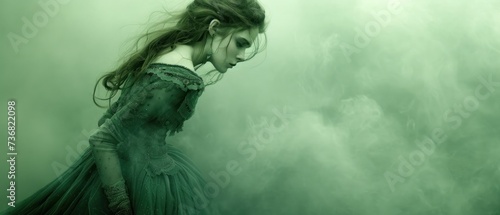 a woman in a green dress with her hair blowing in the wind in front of a gray and green background.