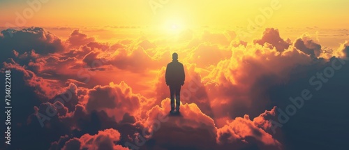 a man standing in the middle of a cloud filled sky with the sun setting in the middle of the sky.