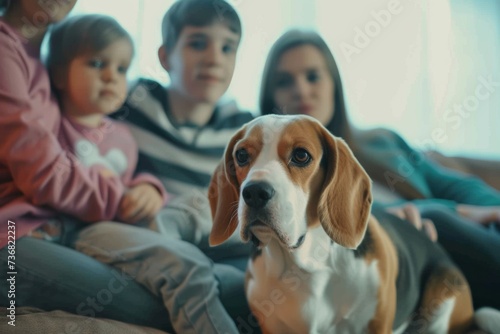 A Family Sitting on a Couch With a Dog. Generative AI.
