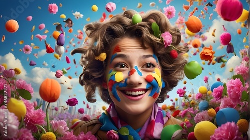 a man enjoying april fool event with blooms, Transform your imagination into reality with our AI platform's stunning visuals of an April Fool's event. From outrageous costumes to clever pranks, photo