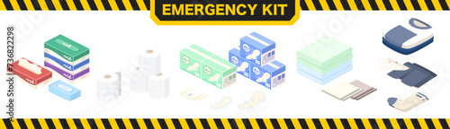 アイソメトリックで描いた防災グッズのイラストセット
