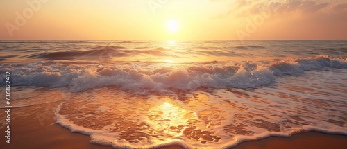 the sun is setting over the ocean with a wave coming towards the shore and the sun reflecting on the water. © Jevjenijs