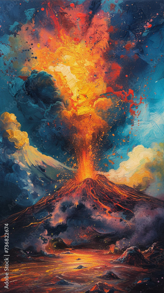 Explore the explosive power and raw beauty of a volcano unleashing the fiery palette of colors onto your canvas