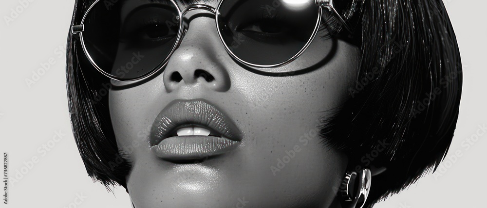 a black and white photo of a woman wearing a pair of sunglasses with her mouth open and her tongue out.