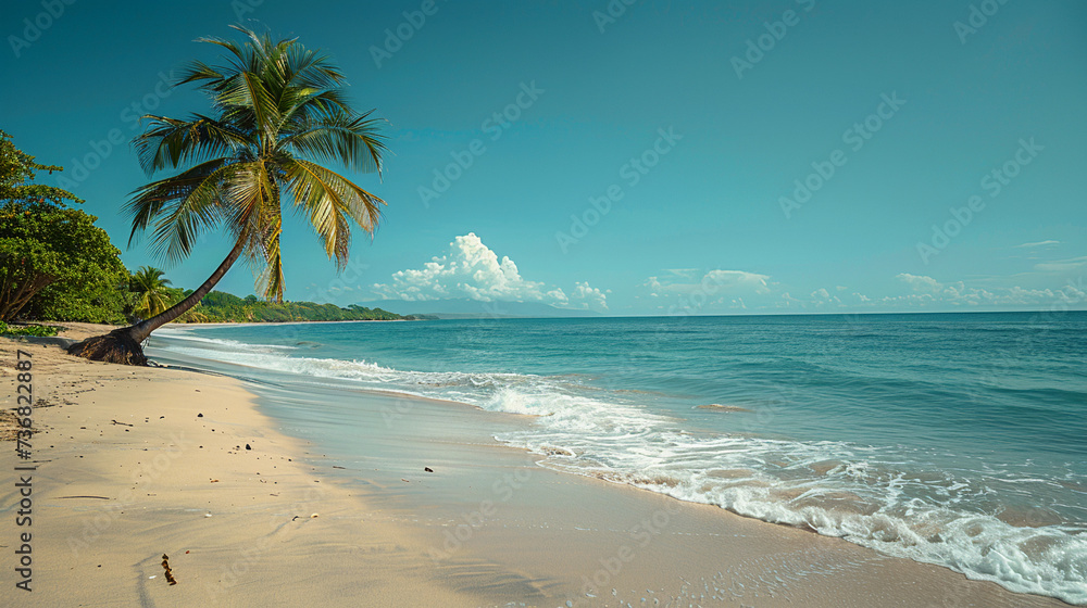  a palm tree on a beach with the ocean in the background. white sand and turquoise blue water