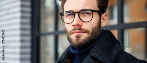 a man with a beard and glasses standing in front of a window with a brick wall and a brick building in the background. photo